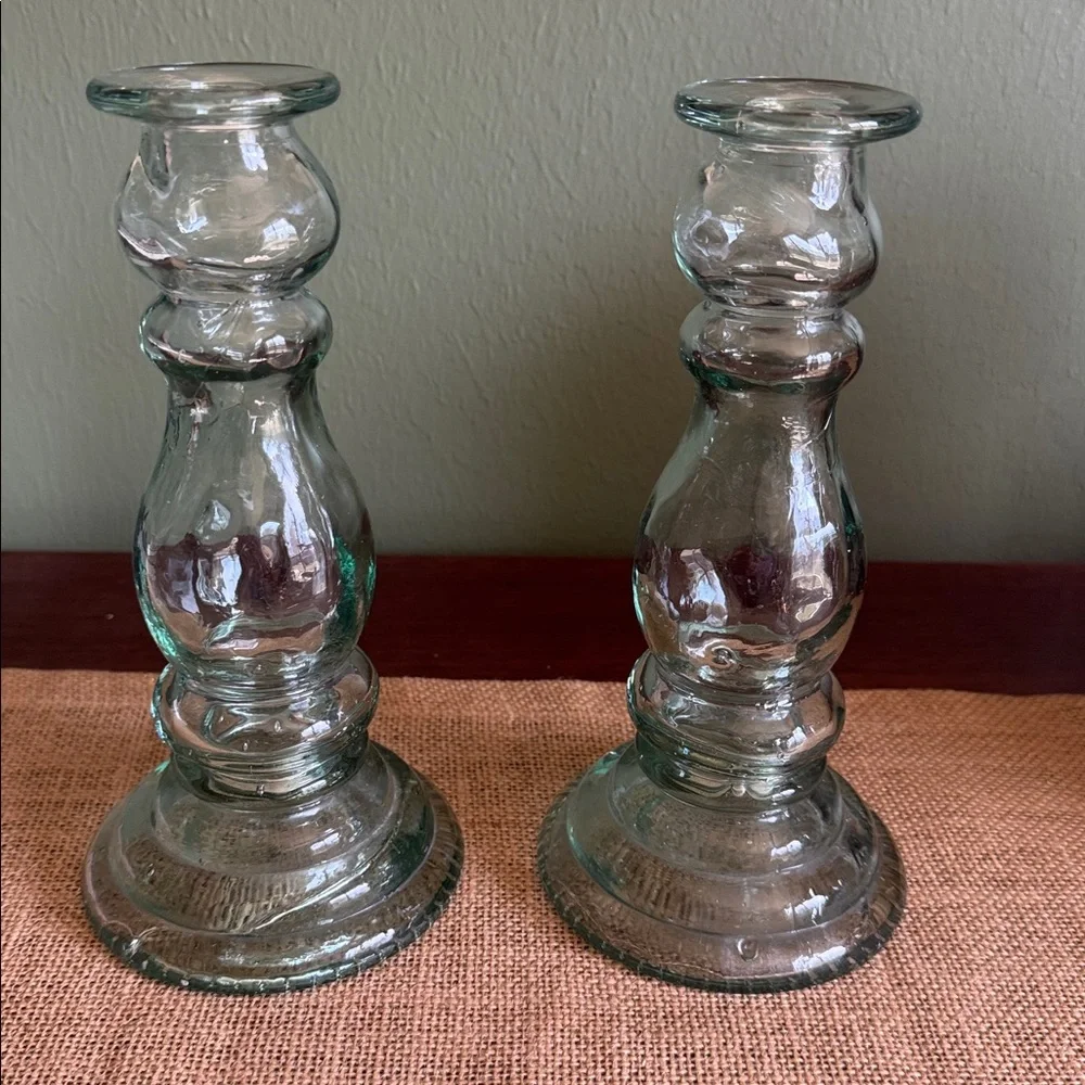 Pottery Barn Pair of Green Recycled Glass Candle Sticks Made in Spain ~8”